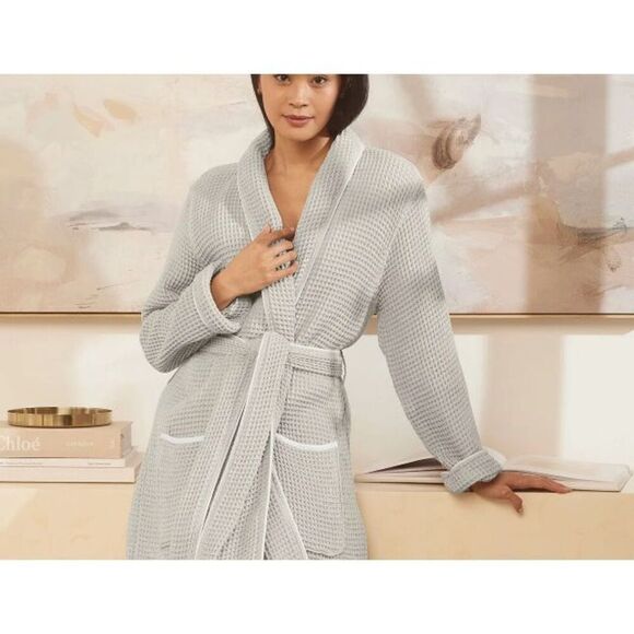 New Boll & Branch Organic Cotton Pewter Women's Waffle Robe Gray Size Large - Picture 1 of 6